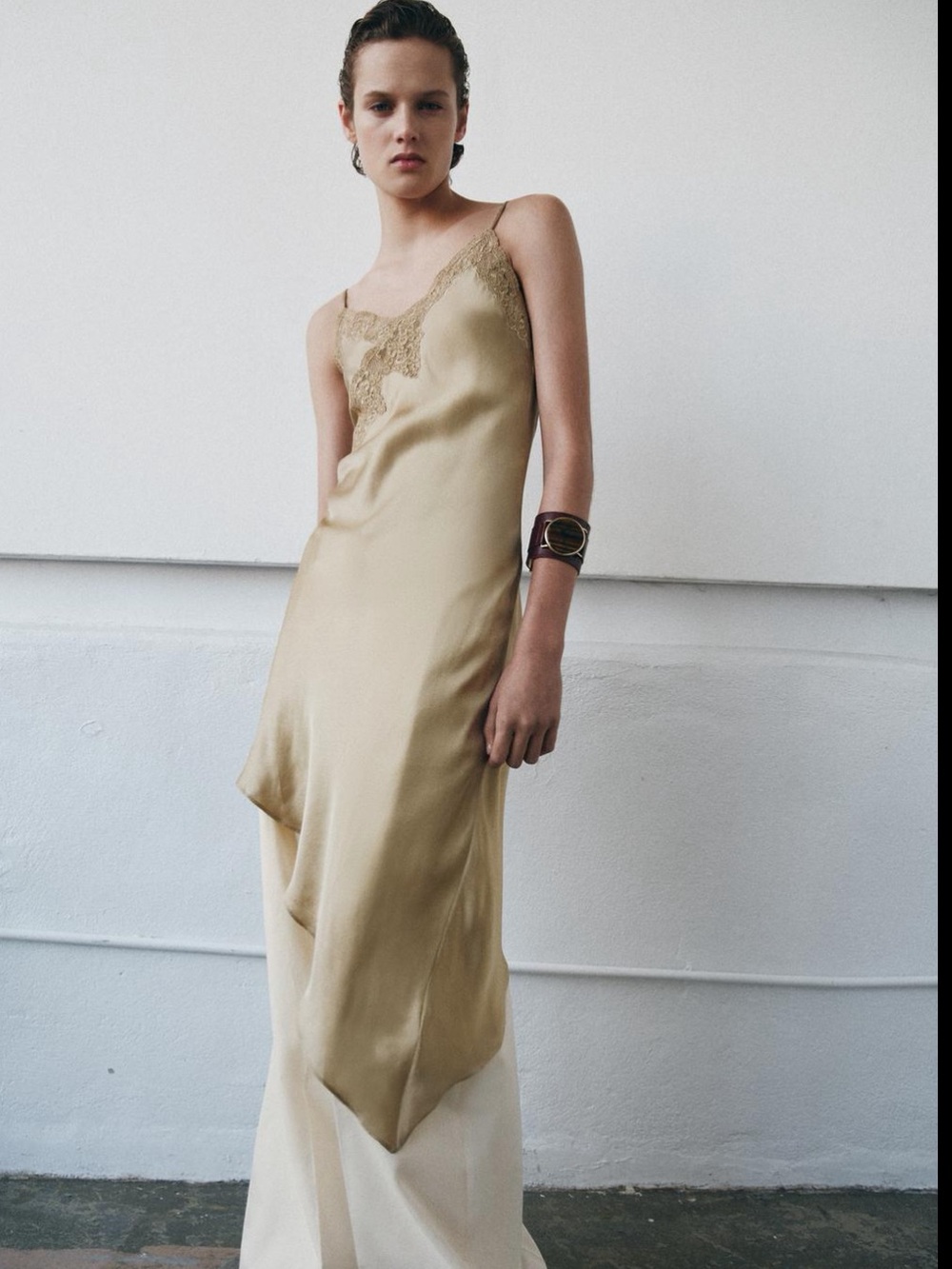 Zara Golden-Tan Asymmetrical Slip Dress with Lace Trim - Picture 5 of 5
